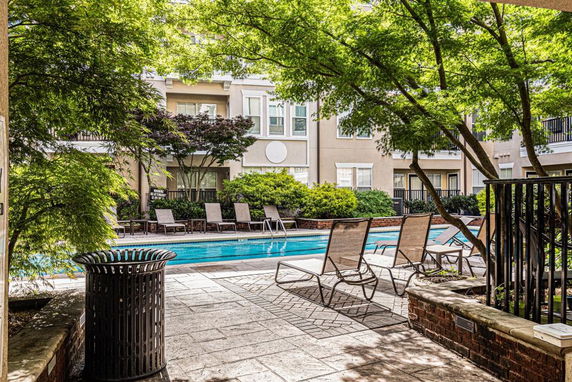 Outdoor swimming pool area with lounge chairs and surrounding trees.
