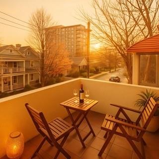 View from a balcony with two chairs and a table, overlooking a street and buildings at sunset.
