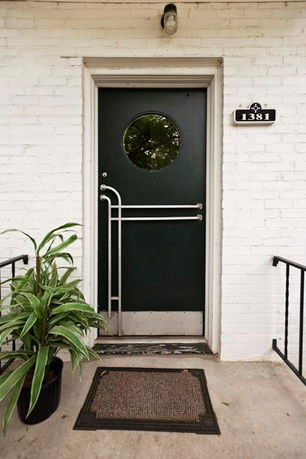 Front view of a building entrance with a black door and potted plant beside it.