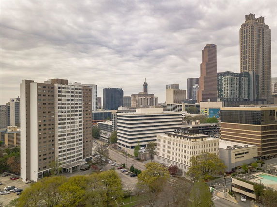 Skyline view of multiple high-rise buildings in an urban area.