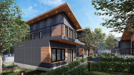 Front view of a modern two-story house with large windows and wooden accents.