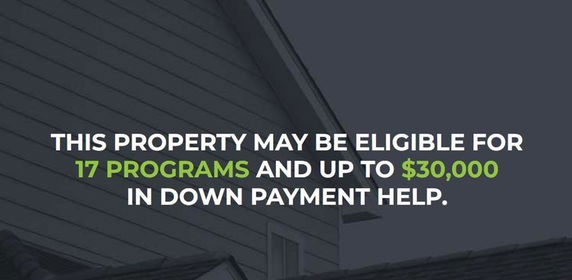 Front view of a house with text overlay about eligibility for programs and down payment help.