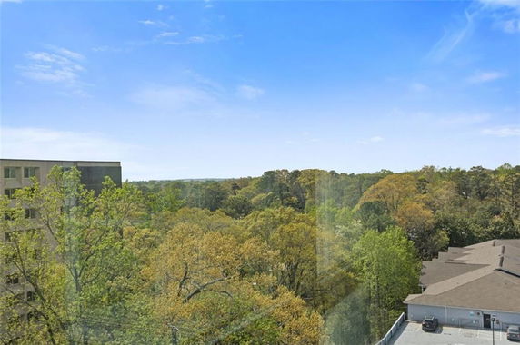 Wide view of surrounding areas with trees and part of a building.