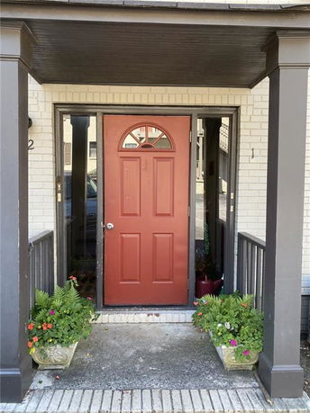 Front view of a house entrance with a red door and two flower pots.