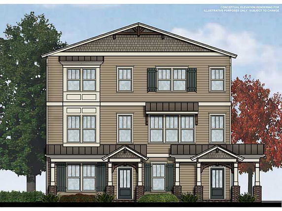 Front view of a three-story townhouse with multiple windows and a gabled roof.