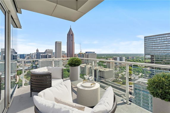 Balcony view of a cityscape from a high-rise building.