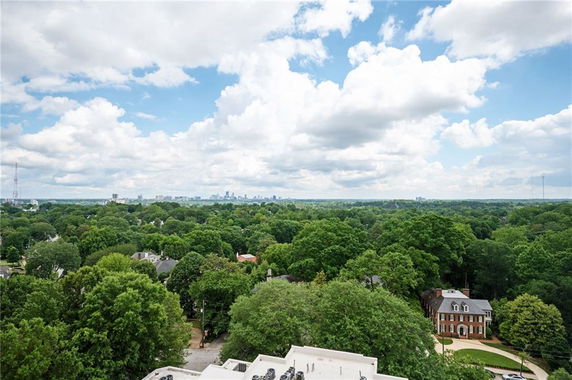 Wide angle view of green landscape with distant city skyline under a cloudy sky.