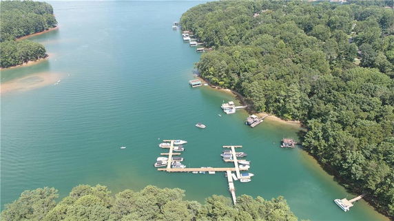 Aerial view of a lake with docks and boats surrounded by dense forest.