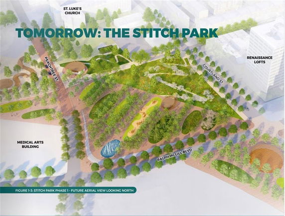Aerial view of Stitch Park, showcasing green spaces, pathways, and surrounding streets.