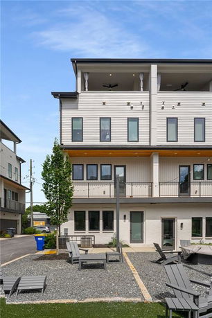 Front view of a multi-story building with a modern design.