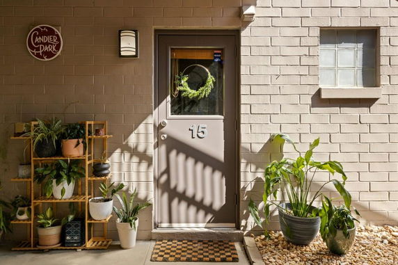 Front view of a house's entrance with a door and potted plants.