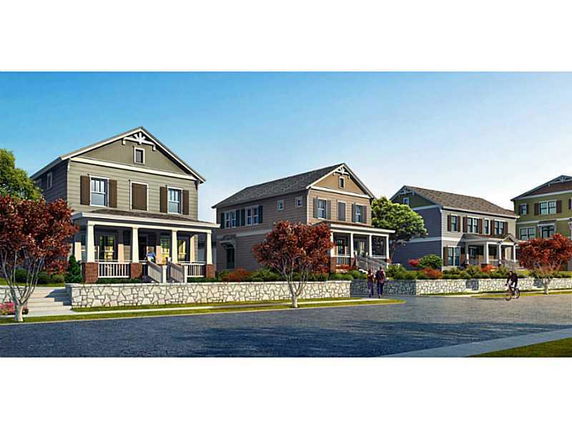 Front view of multiple two-story houses with porches.