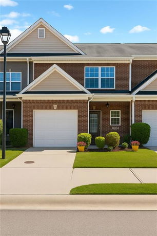 Front view of a two-story house with a single garage.