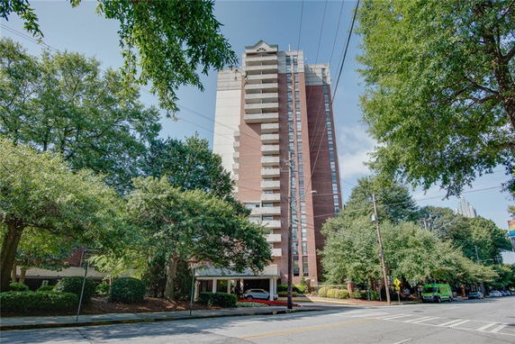 Front view of a multi-story apartment building.
