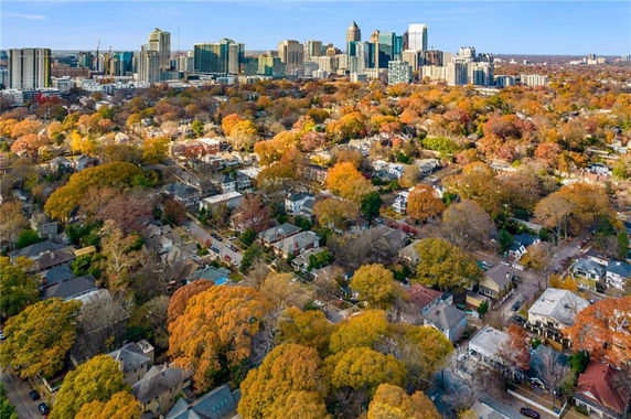 Aerial view of a residential area with trees and distant city skyline.