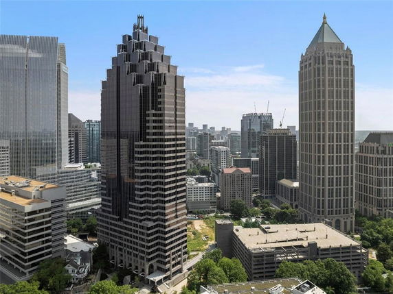 View of multiple skyscrapers in an urban setting.