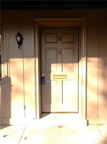 Front view of a house door with wall light fixture
