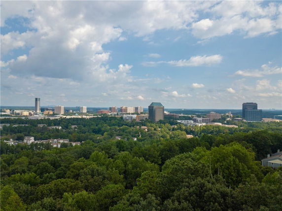 Panoramic view of a city skyline with trees in the foreground.