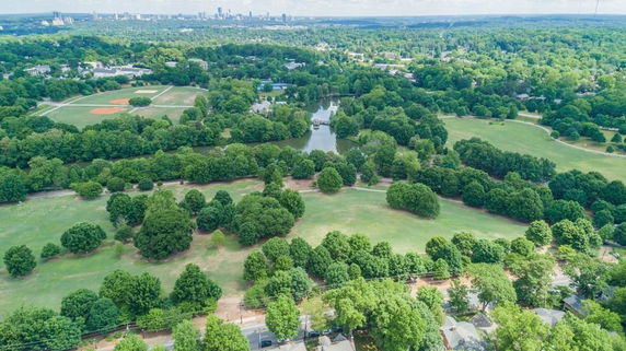 Wide-angle view of a large park with trees, fields, and a distant cityscape.