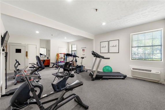 Room equipped with exercise machines including treadmills and stationary bikes.