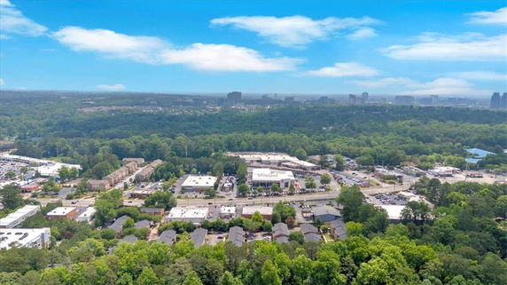Wide aerial view of residential and commercial areas surrounded by trees.
