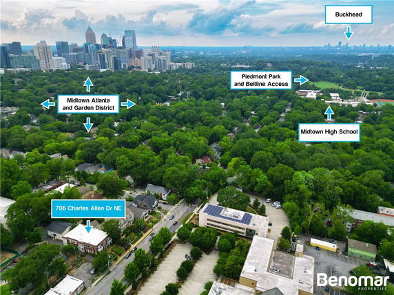 Panoramic view of a cityscape with labeled areas including Midtown Atlanta, Buckhead, and Piedmont Park.