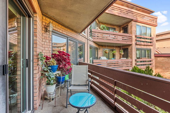 View from an outdoor balcony featuring neighboring brick buildings and hanging plants.