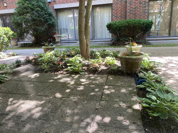 View of a brick building with large windows and a garden area in the foreground.