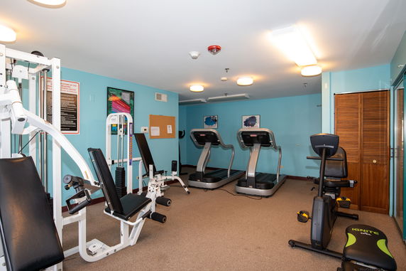 Interior of a gym with various exercise equipment including treadmills and weights.