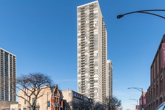 Front view of a tall high-rise building