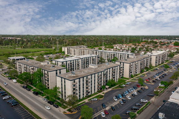 Aerial view of residential buildings in a complex.