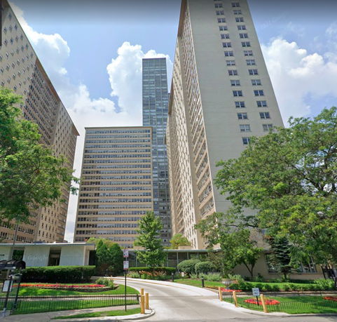 Front view of multiple high-rise buildings.