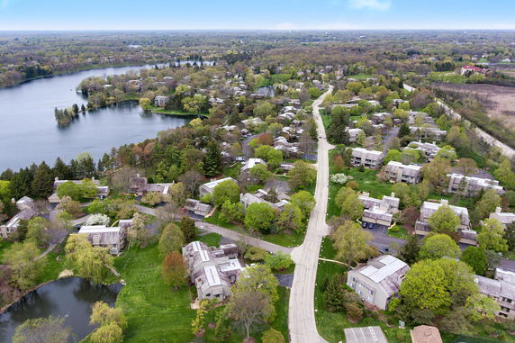 Aerial view of a residential area with houses, trees, and a lake.