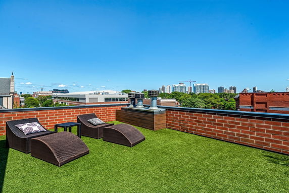 Rooftop with grass flooring, lounge chairs, and city skyline view.