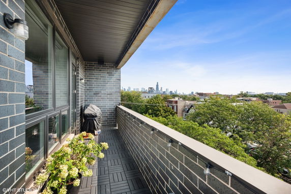 View from a balcony with potted plants and a covered grill, overlooking a city skyline.