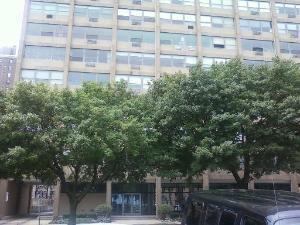 Front view of a multi-story building with tall trees in front.