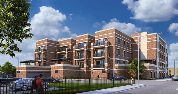 Front view of a multi-story brick residential building.