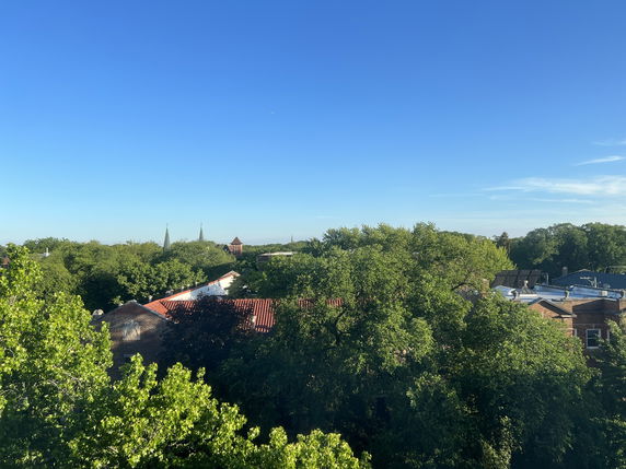 Panoramic view of rooftops and greenery under a clear blue sky.