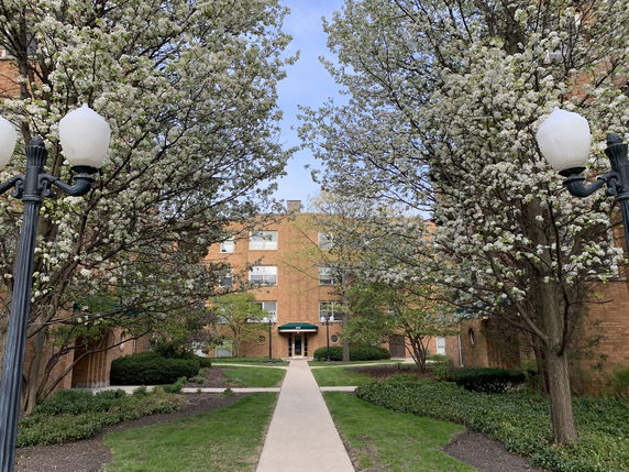 Front view of a multi-story brick building with a walkway and trees.