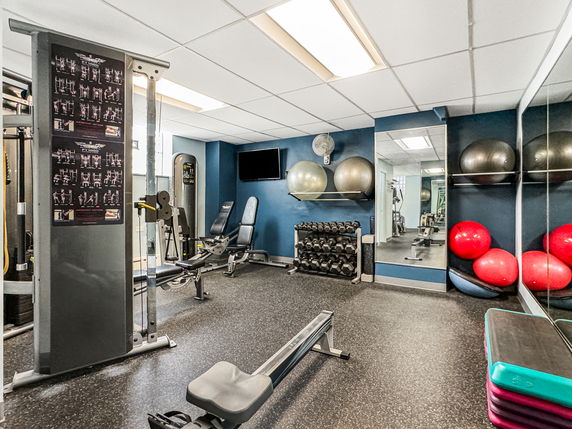 Indoor gym area with exercise equipment, mirrors, and fitness balls.