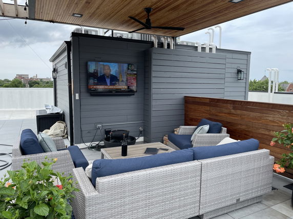 Rooftop seating area with a modern design, featuring outdoor furniture, a TV on the wall, and several lighting fixtures.