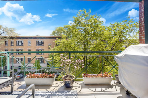 Balcony view with potted plants overlooking a street and neighboring building.