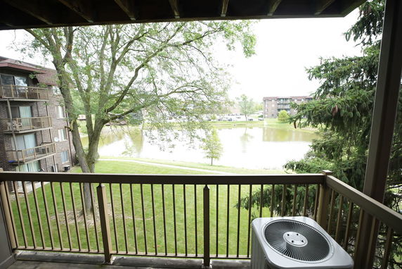 View from a balcony overlooking trees, grassy area, and a pond with buildings in the background.