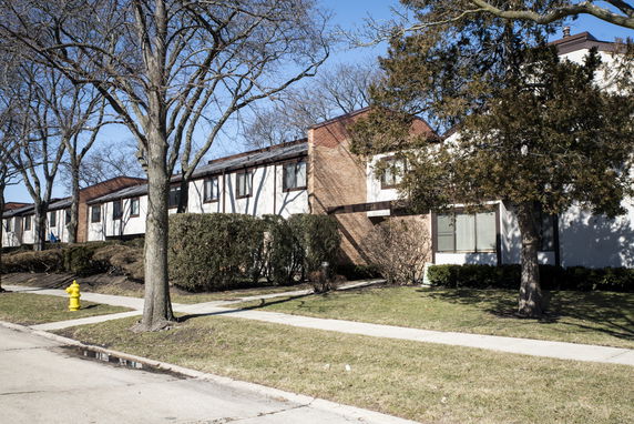 Front view of a row of attached single-story houses with brick and siding exteriors.