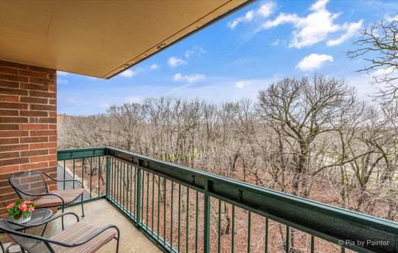 Panoramic view from a balcony overlooking trees and sky.
