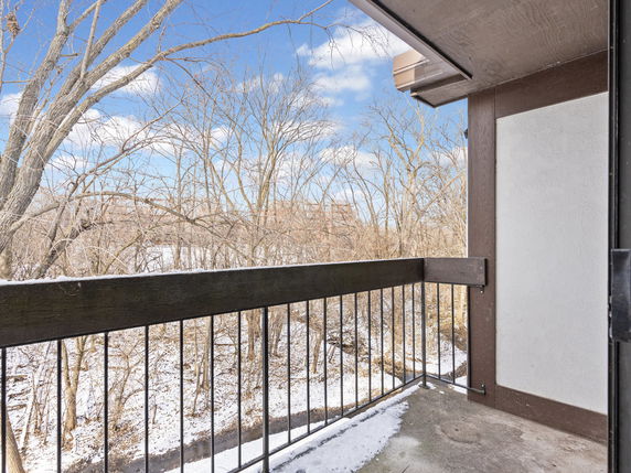 View from a balcony overlooking snowy trees and a creek.