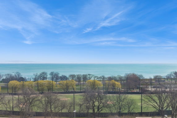 Wide view of a landscape with trees, a body of water, and a clear blue sky.