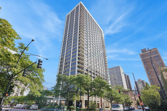 Front view of a high-rise residential building.