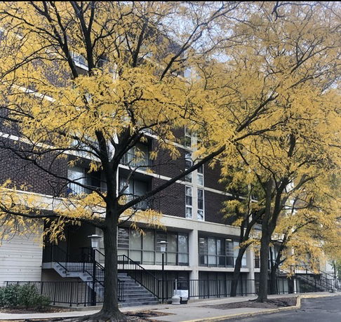 Front view of an apartment building with multiple stories and balconies.