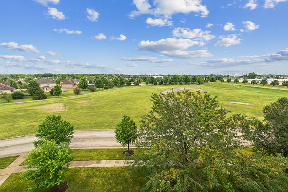 Panoramic view of a grassy field with trees and houses in the distance.